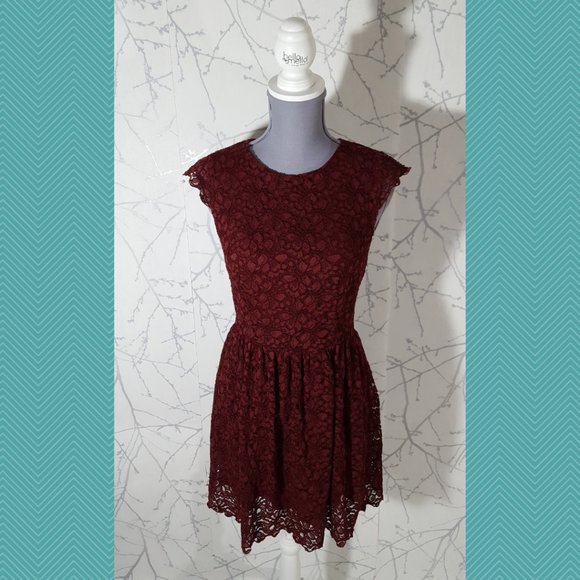 Talula Maroon Floral Lace Overlay A-Line Dress - Picture 1 of 5